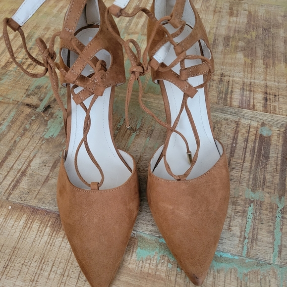 Marc Fisher Tan Pointed Lace Up Suede Heel - Picture 3 of 4